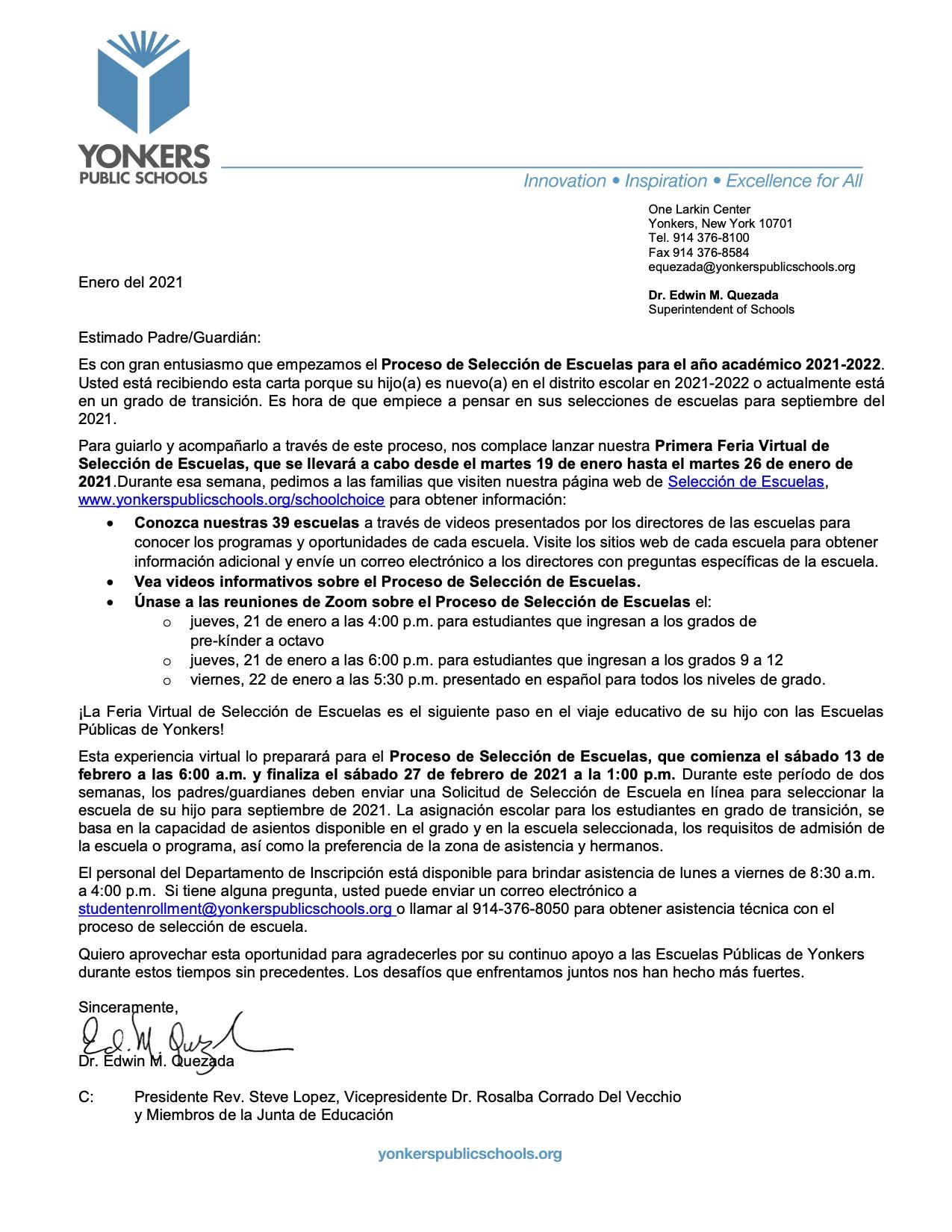 Letter to Families Spanish